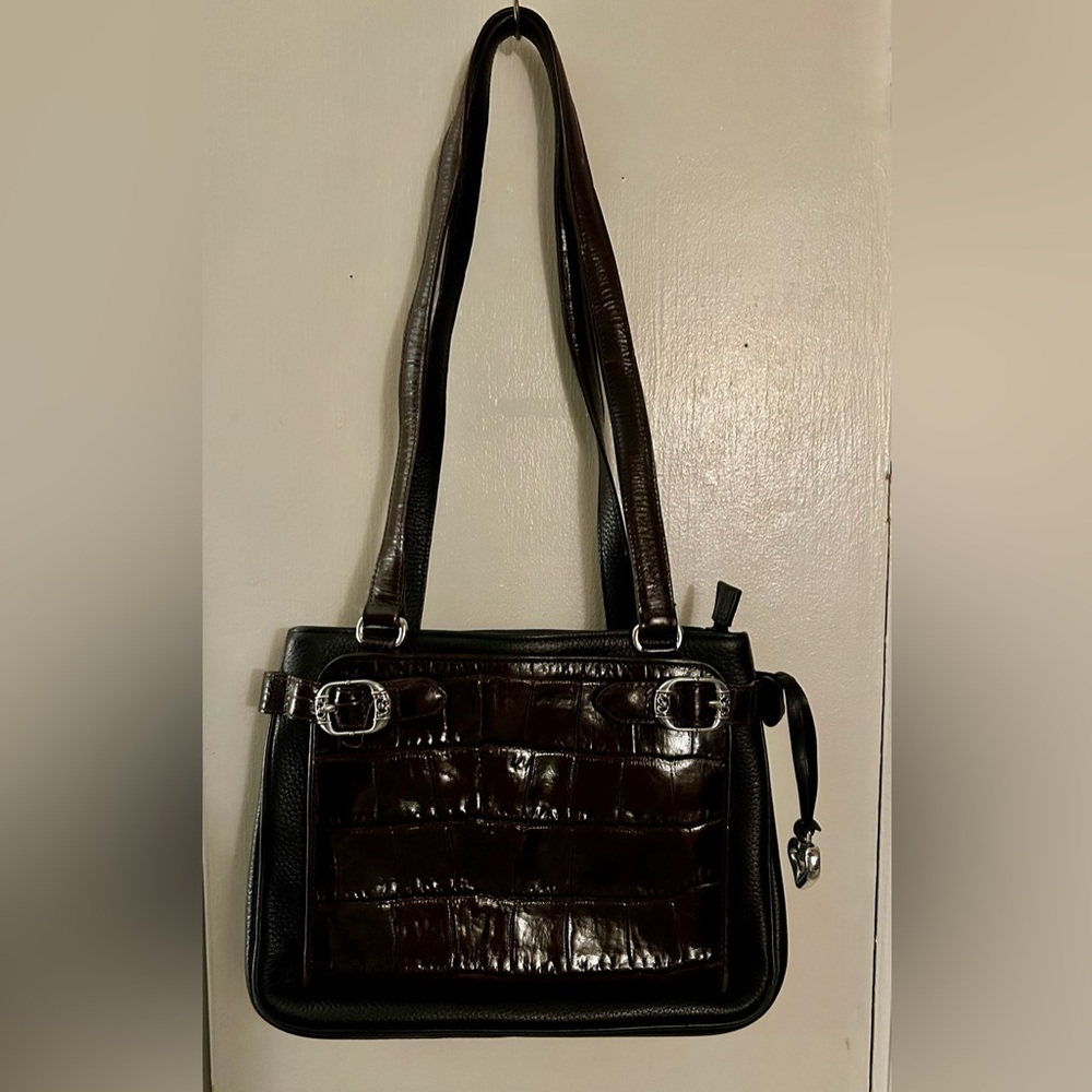 BRIGHTON Black Pebble Leather Brown Faux Croc Front Flap Organizer Bag Purse